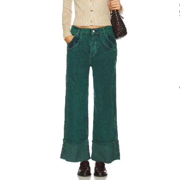 NWOT FREE PEOPLE WE THE FREE WOMENS FINAL COUNTDOWN CUFFED JEANS LUKE GREEN DYE - Picture 2 of 7